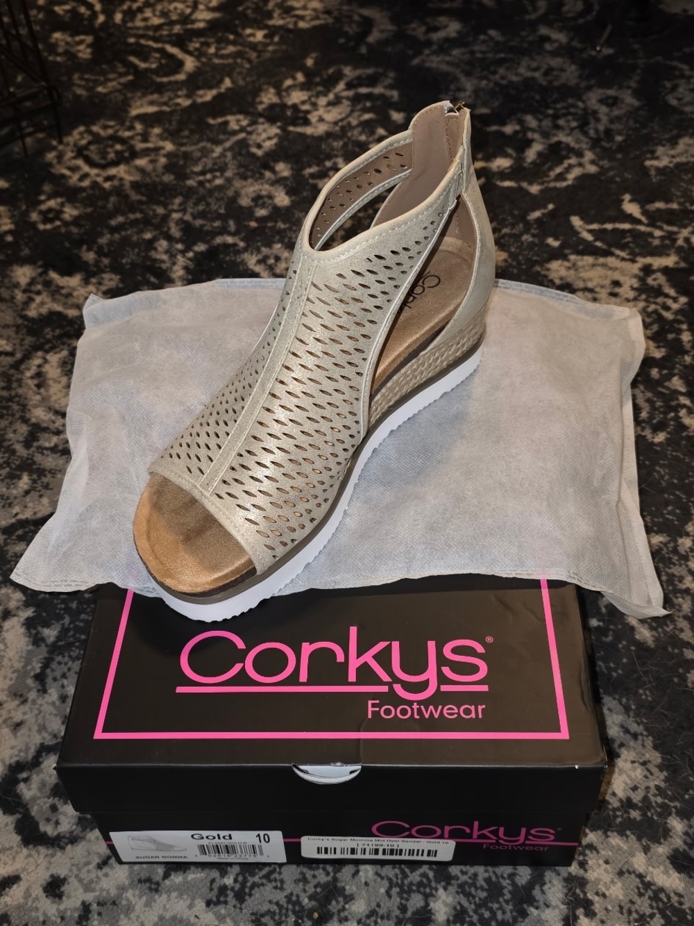 Corkys Metallic Gold Perforated Wedge Sandals